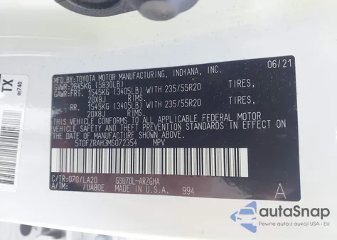 2021 Toyota Highlander Platinum из США, поврежденный, VIN 5TDFZRAH3MS072354